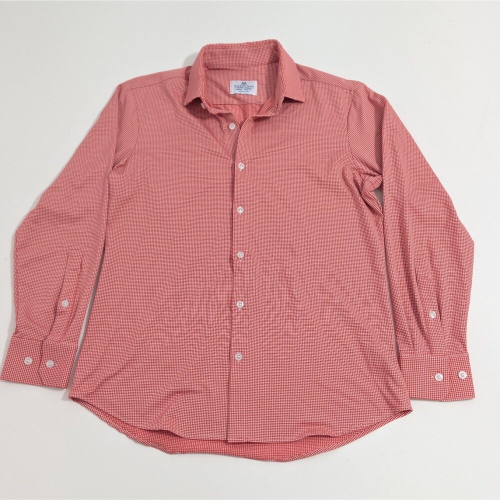 Mizzen Main Dress Shirt Mens Medium Red Gingham Trim Fit Stretch Performance